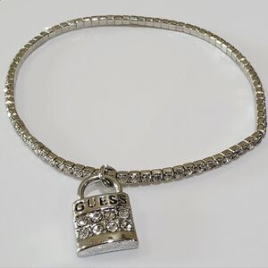 Silver GUESS Lock Charm Prong-set White Rhinestone Stretch OSFA Bracelet